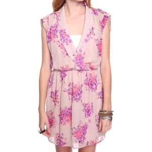 Floral Print Pink and Cream Faux Wrap Mini Dress